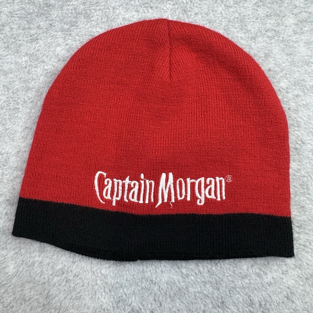 Captain Morgan Embroidered Skull Cap Beanie Hat Red w/‎ Black Edge OSFA